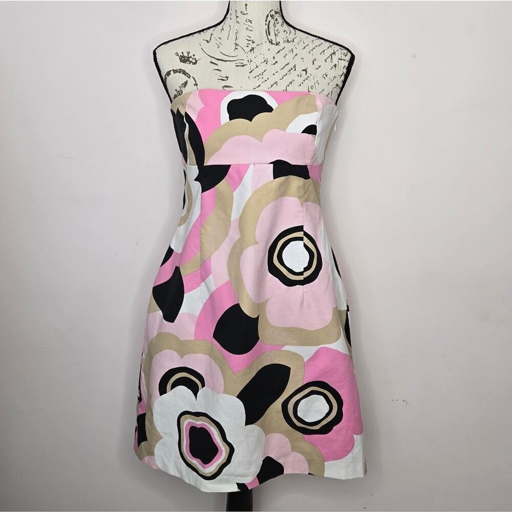 ELLIE TAHARI Bold Pink Beige & Black Floral Strapless Dress Size 10